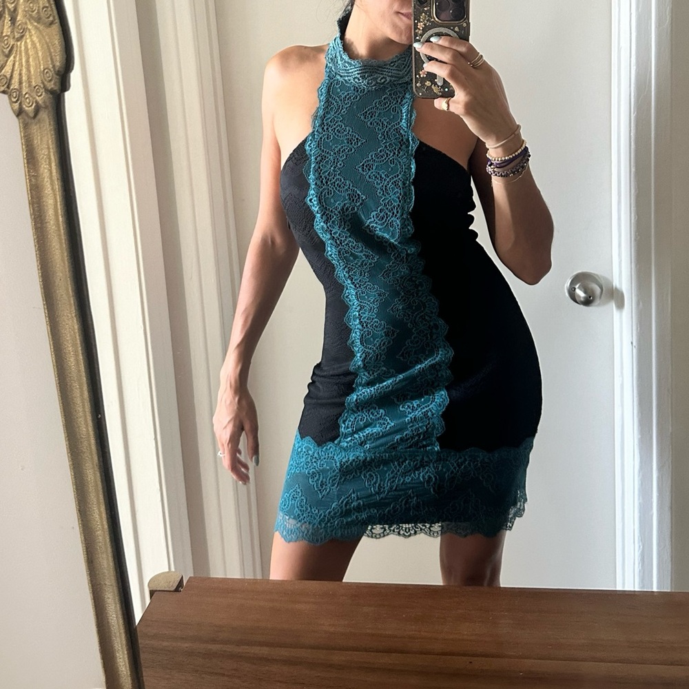 Free people Vintage 2013 little black dress with blue lace